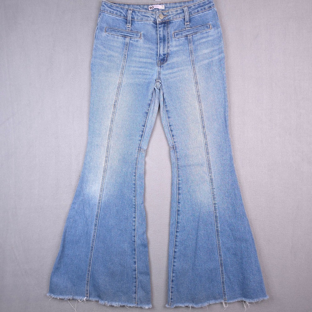 SO Flare Jeans High Rise Raw Hem Seam Front Light Wash Blue Size 7/28W Cotton